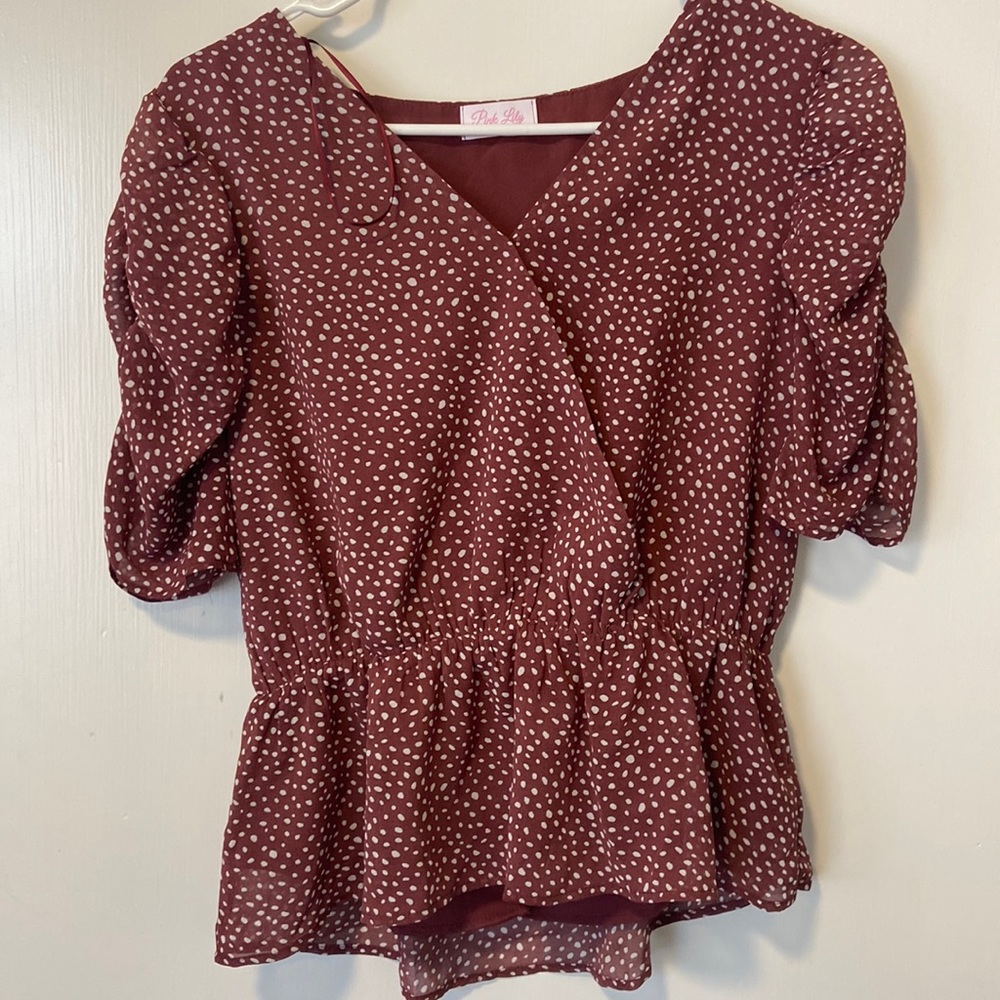 Pink Lily Maroon Polka Dot Blouse